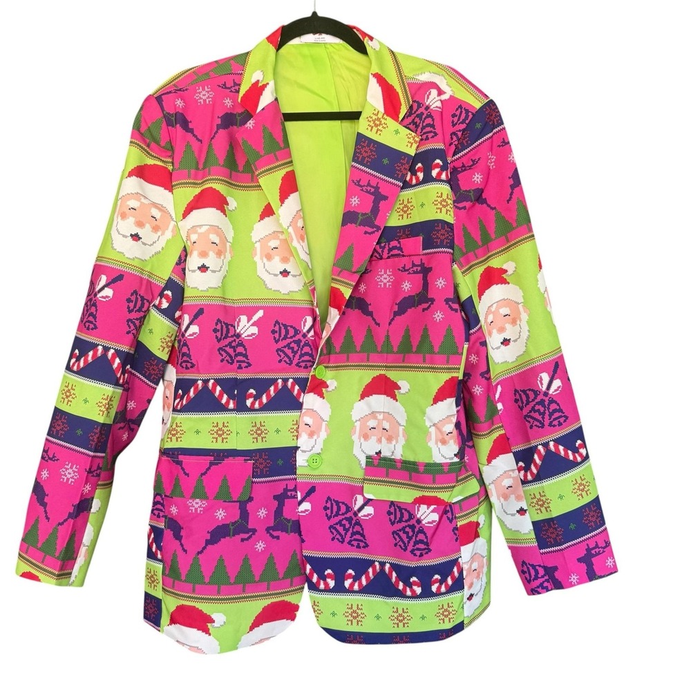 Holiday Time Blazer Mens Large Multicolor Santa Reindeer Fair Isle Christmas